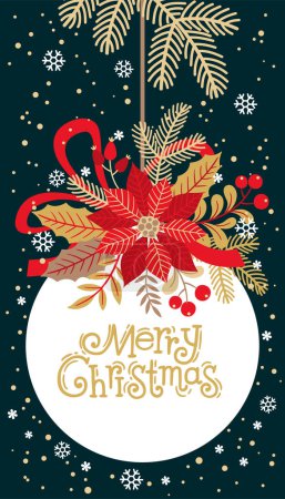 Téléchargez les illustrations : Carte de fond de Noël et invitation. Boule d'arbre de Noël décorée de fleurs dorées et de branches d'arbre de Noël accrochées à un ruban - en licence libre de droit