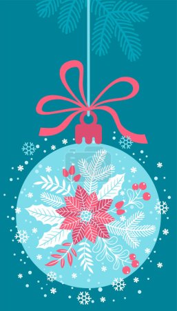 Ilustración de Tarjeta de antecedentes navideños e invitación. Bola de árbol de Navidad decorada con flores de poinsettia y ramas de árbol de Navidad colgando de una cinta - Imagen libre de derechos