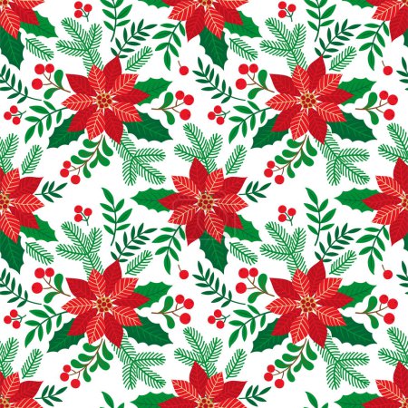 Illustration for Christmas seamless pattern with holly leaves, Christmas tree branches, red berries and flower. Vector hand draw illustration for wrapping paper, greeting cards - Royalty Free Image