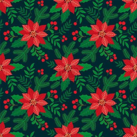 Illustration for Christmas seamless pattern with holly leaves and poinsettia, Christmas tree branches, red berries and flower on dark background. Vector hand drawn illustration - Royalty Free Image