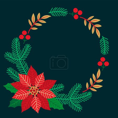 Illustration for Hand drawn vector illustration of gritting card. Round stylized Christmas wreath with leaves, poinsettia flower, Christmas tree branches and copy space for text - Royalty Free Image