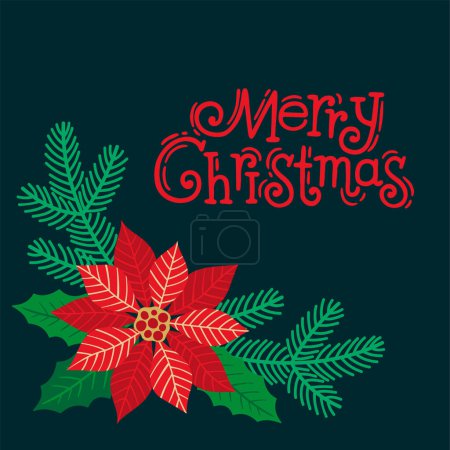 Ilustración de Hand drawn vector illustration of Christmas card. Stylized poinsettia flower, Christmas tree branches and text merry Christmas - Imagen libre de derechos