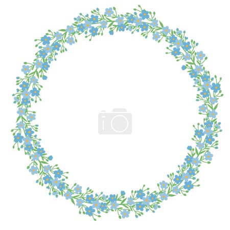 Ilustración de Ilustración vectorial dibujada a mano. Corona de flores azules estilizadas minúsculas forget-me-nots sobre fondo blanco - Imagen libre de derechos