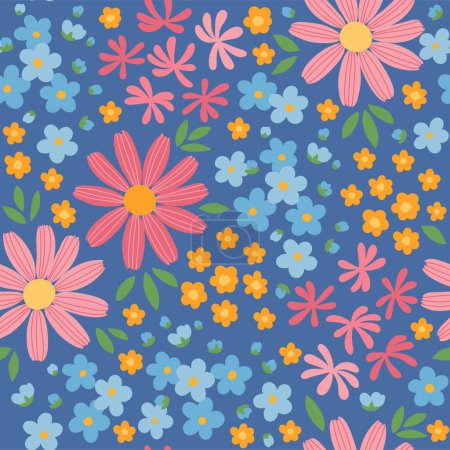 Téléchargez les illustrations : Modèle sans couture de minuscules fleurs bleues doodle stylisées oublient-me-nots et camomilles roses sur fond bleu - en licence libre de droit