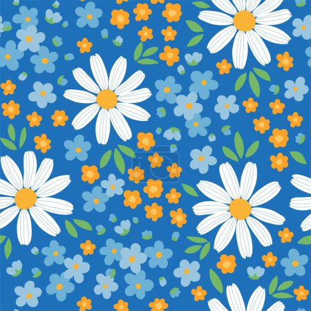 Illustration for Seamless pattern of tiny stylized doodle blue flowers forget-me-nots and white chamomiles on blue background - Royalty Free Image