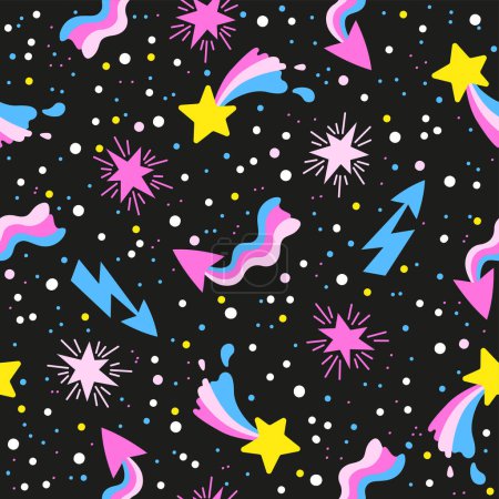 Illustration for Hand drawn vector seamless pattern of neon stars and meteorites on black night sky. Stylized other space in neon pink and purple colors on a dark background - Royalty Free Image