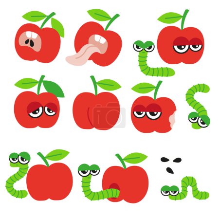 Téléchargez les illustrations : Pomme folle rouge et chenille isolées sur fond blanc. Lot d'illustrations vectorielles dessinées à la main dans un style dessin animé - en licence libre de droit