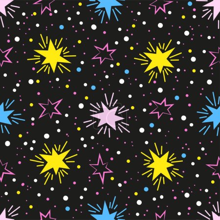 Hand drawn vector seamless pattern of neon stars black night sky. Stylized other space in neon pink and purple colors on a dark background