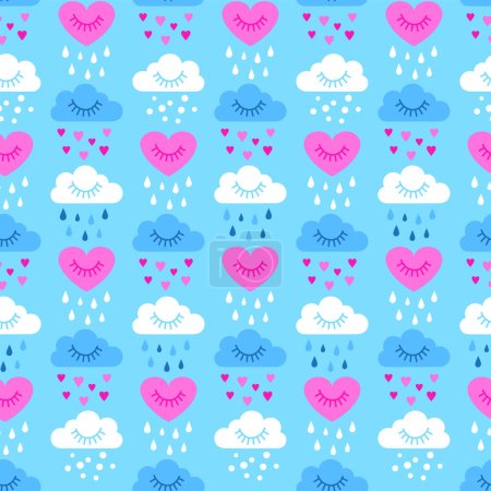 Ilustración de Patrón sin costuras de San Valentín en colores pastel, cielo nublado y lluvia de corazones - Imagen libre de derechos
