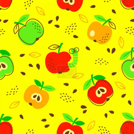 Illustration for Vector hand drawn seamless pattern. Red apples and caterpillar on yellow background - Royalty Free Image
