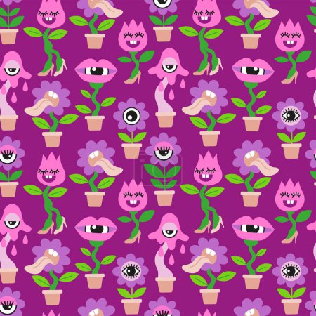 Illustration for Seamless pattern of crazy house plants. Vector hand drawn flowers in a flat cartoon style on violet background - Royalty Free Image