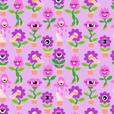 Illustration for Seamless pattern of crazy house plants. Vector hand drawn flowers in a flat cartoon style on violet background - Royalty Free Image