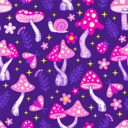 Illustration for Hand drawn vector seamless pattern of neon amanita. Stylized mushrooms in neon pink and purple colors on a dark purple background - Royalty Free Image