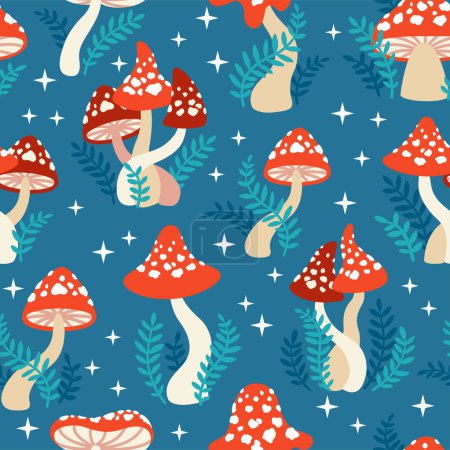 Illustration for Seamless pattern of amanita mushrooms. Hand drawn vector illustration of red amanita among the branches of bushes and plants on a dark green background - Royalty Free Image