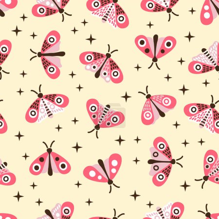 Illustration for Hand drawn vector seamless pattern of moth. Stylized butterflies pink color on a yellow background - Royalty Free Image