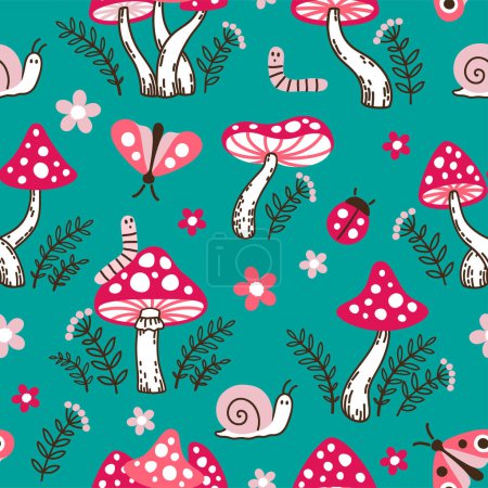 Illustration for Seamless pattern of amanita mushrooms. Hand drawn vector illustration of red amanita among the branches of bushes and plants on a dark green background - Royalty Free Image