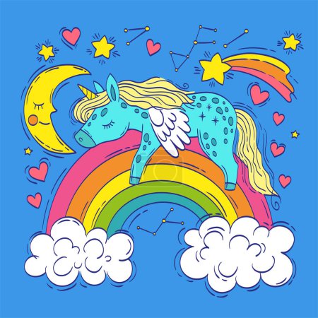 Ilustración de Lindo unicornio está durmiendo en un arco iris rodeado de nubes, estrellas y la luna. Ilustración vectorial - Imagen libre de derechos