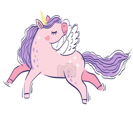 Illustration for Cute little pink magical unicorn. Vector hand drawing illustration isolated on white background. Print for t-shirt for children - Royalty Free Image