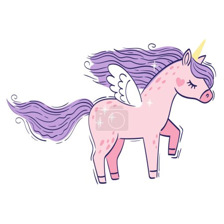 Illustration for Cute little pink magical unicorn. Vector hand drawing illustration isolated on white background. Print for t-shirt for children - Royalty Free Image