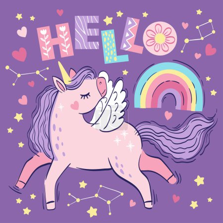 Illustration for Cute pink magical unicorn and text hell. Vector hand drawn illustration for children - Royalty Free Image