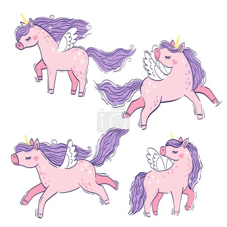 Illustration for Vector set of illustration. Cute little pink magical unicorns. Vector hand drawing illustration isolated on white background. Print for t-shirt for children - Royalty Free Image