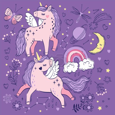 Illustration for Vector set of illustration. Cute little pink magical unicorns. Vector hand drawing illustration on purple background. Print for t-shirt for children - Royalty Free Image