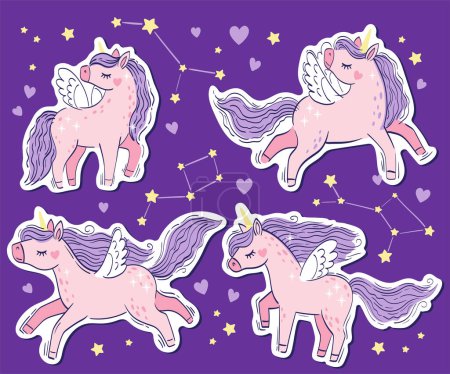 Illustration for Vector set of illustration. Cute little pink magical unicorns. Vector hand drawing illustration isolated on purple background. Print for t-shirt for children - Royalty Free Image
