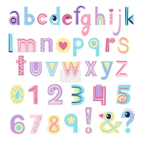 Ilustración de Alfabeto inglés y números para niños. Doodle font for nursery poster, cards, t-shirts. Ilustración vectorial dibujada a mano - Imagen libre de derechos