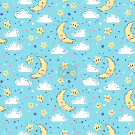 Illustration for Vector hand drawn seamless pattern. Cute background with sleeping smiling moon, stars, clouds. Night sky, baby print in blue colors - Royalty Free Image