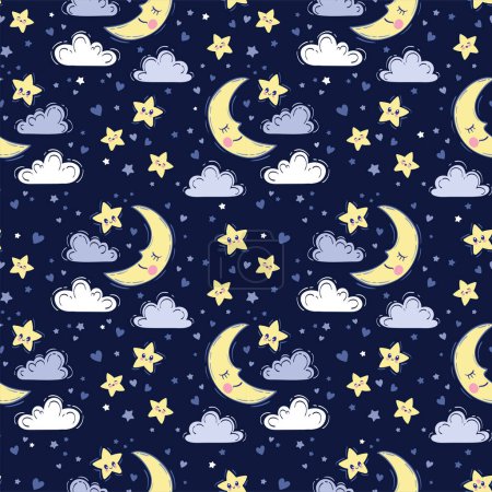 Téléchargez les illustrations : Modèle sans couture dessiné à la main vectoriel. Fond mignon avec lune souriante endormie, étoiles, nuages. Ciel nocturne, imprimé bébé en couleurs bleues - en licence libre de droit