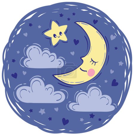 Illustration for Moon slipping among fluffy clouds. Vector hand drawn illustration on blue background - Royalty Free Image