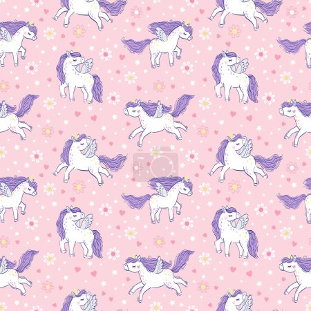 Ilustración de Unicornio con melena púrpura y cola. Patrón sin costura vectorial con lindos unicornios sobre fondo floral rosa - Imagen libre de derechos