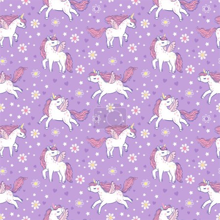 Illustration for Unicorn with pink mane and tail. Vector seamless pattern with cute unicorns on purple floral background - Royalty Free Image