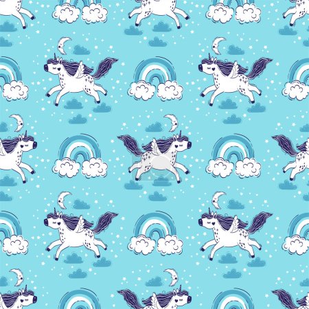 Illustration for Vector seamless pattern of magical unicorns in the sky among fluffy clouds. Hand drawn illustration of a unicorn, rainbow and cloud on a light blue background - Royalty Free Image