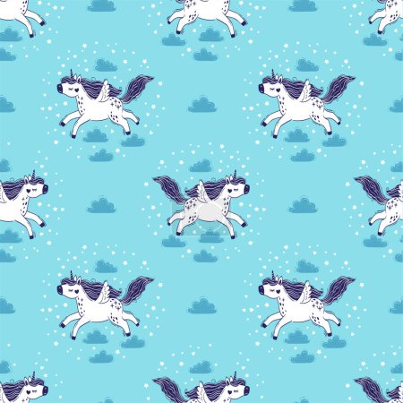 Illustration for Vector seamless pattern of magical unicorns in the sky among fluffy clouds. Hand drawn illustration of a unicorn and clouds on a light blue background - Royalty Free Image
