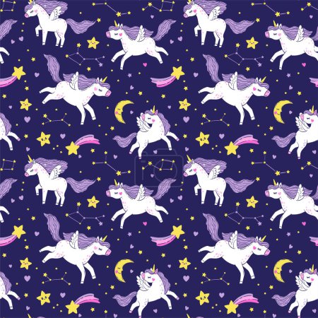 Illustration for Vector seamless pattern of white magical unicorns on the starry sky. Hand drawn illustration of an unicorns, a constellation, and crescent moon on dark blue background. Print on childrens fabric - Royalty Free Image