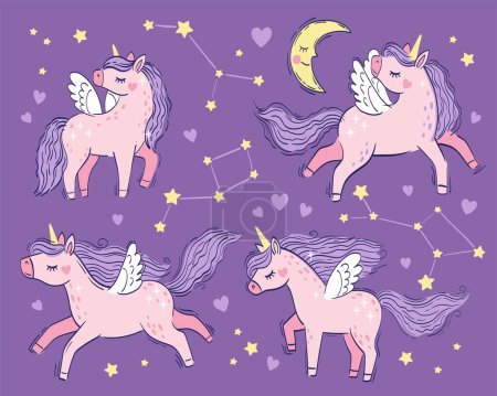 Illustration for Vector set of illustration. Cute little pink magical unicorns. Vector hand drawing illustration isolated on purple background. Print for t-shirt for children - Royalty Free Image