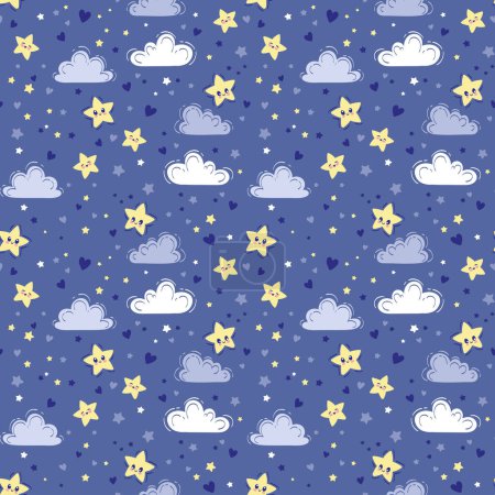Illustration for Vector hand drawn seamless pattern. Cute background with smiling stars. Night sky, baby print in blue colors for nursery design and fabric - Royalty Free Image