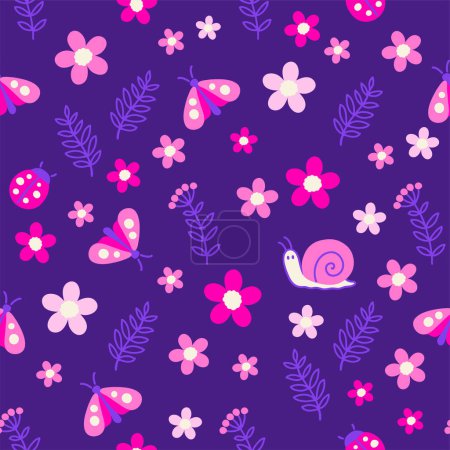 Ilustración de Patrón sin costura vectorial de flores de neón púrpura y polilla por la noche. Mariposas estilizadas de color rosa neón y púrpura sobre un fondo oscuro - Imagen libre de derechos