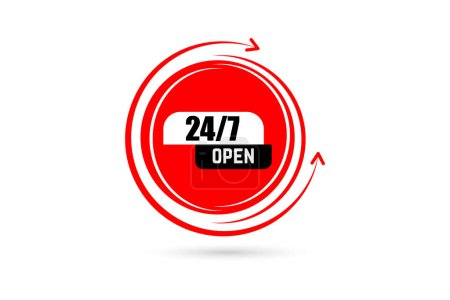 Illustration for Open 24/7 open vector on red cycle & arrow icon - Royalty Free Image