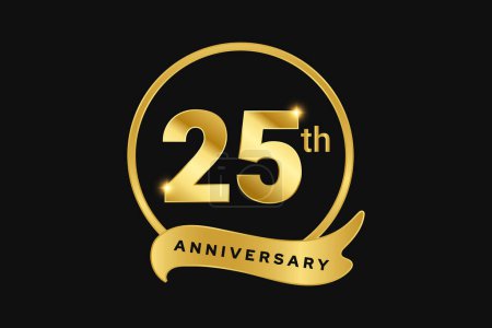Illustration for Golden 25th anniversary ribbon with banner design. - Royalty Free Image