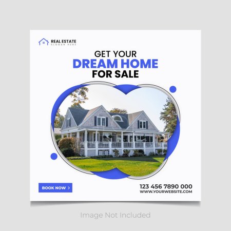 Illustration for Real estate house property sale social media post template blue and white color - Royalty Free Image