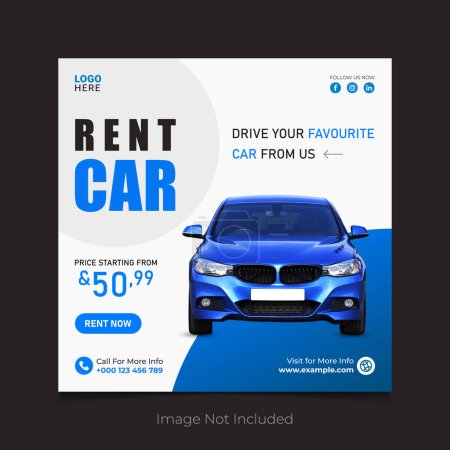 Alquiler de coches Social Media Post Banner Template Design en color azul.