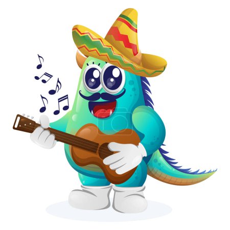 Téléchargez les photos : Mignon monstre bleu portant un chapeau mexicain avec une guitare. Parfait pour les enfants, les petites entreprises ou le commerce électronique, les marchandises et les autocollants, la promotion de bannières, le blog ou vlog channe - en image libre de droit
