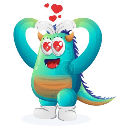 Illustration for Cute blue monster with love heart sign hand. Perfect for kids, small business or e-Commerce, merchandise and sticker, banner promotion, blog or vlog channe - Royalty Free Image