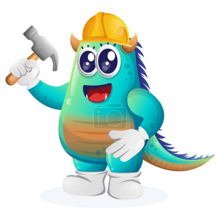 Illustration for Cute blue monster builder holding hammer. Perfect for kids, small business or e-Commerce, merchandise and sticker, banner promotion, blog or vlog channe - Royalty Free Image