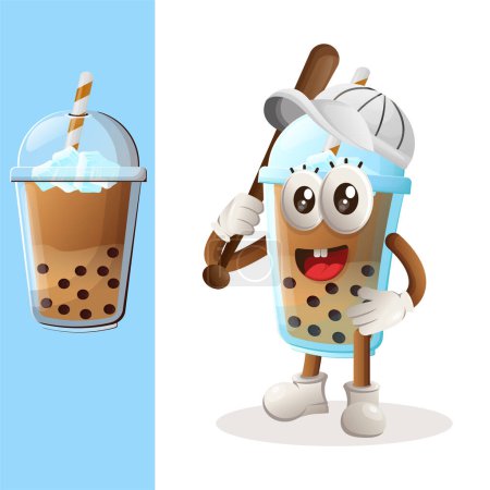 Illustration for Cute Bubble Tea mascot playing baseball. Perfect for food store, small business or e-Commerce, merchandise and sticker, banner promotion, food review blog or vlog channe - Royalty Free Image