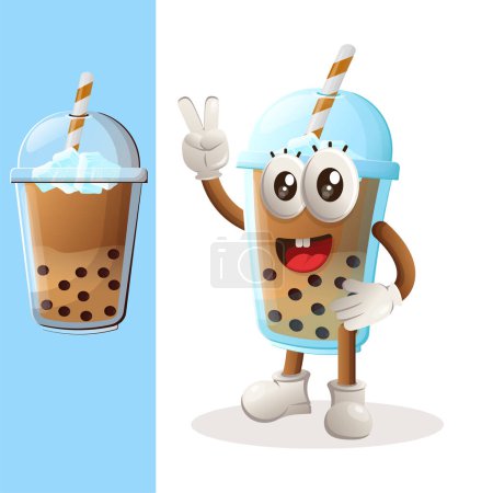 Illustration for Cute Bubble Tea mascot with peace hand. Perfect for food store, small business or e-Commerce, merchandise and sticker, banner promotion, food review blog or vlog channe - Royalty Free Image