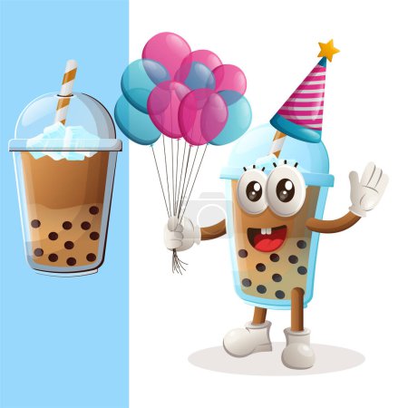 Illustration for Cute Bubble Tea mascot wearing a birthday hat, holding balloons. Perfect for food store, small business or e-Commerce, merchandise and sticker, banner promotion, food review blog or vlog channe - Royalty Free Image