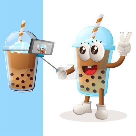 Illustration for Cute Bubble Tea mascot takes a selfie with smartphone. Perfect for food store, small business or e-Commerce, merchandise and sticker, banner promotion, food review blog or vlog channe - Royalty Free Image